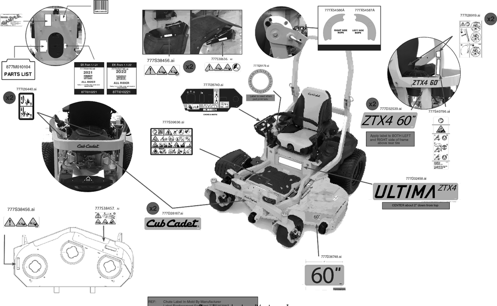 Label Map Diagram and Parts List for ZTX4-60KH (47RSAAA8010)(2022) Cub Cadet Lawn Tractor